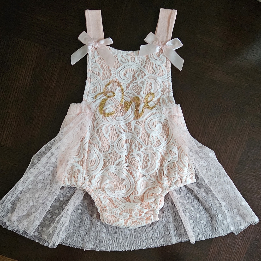 Pink Lace Baby Romper with Gold Embroidery